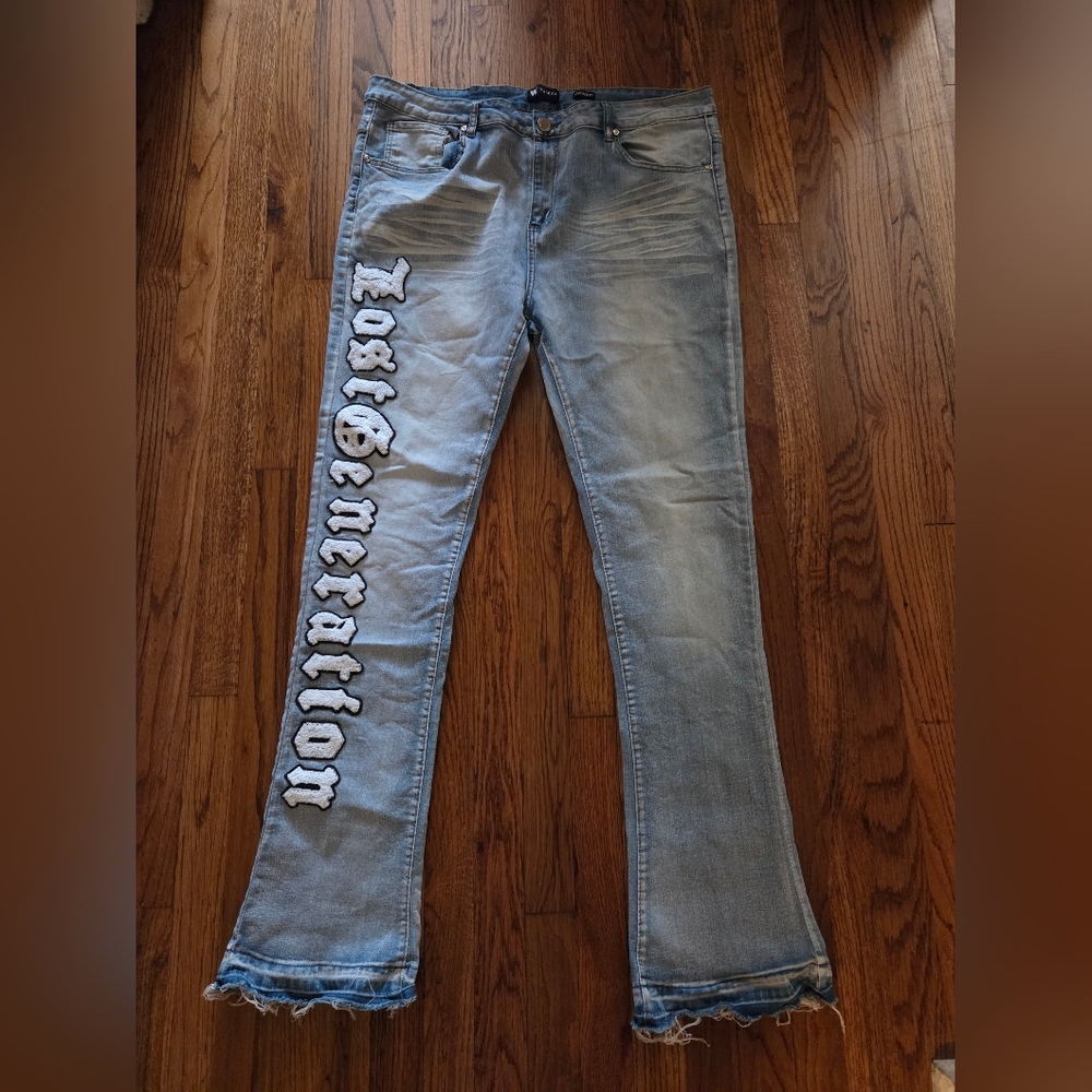 Light Blue Flare Jeans with White Side Graphic Size 40